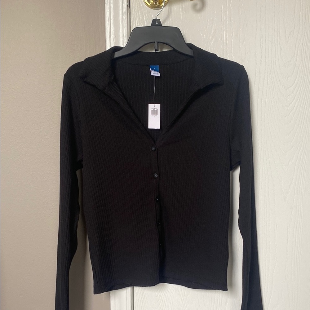 NWT Old Navy Black Ribbed Button Down Long Sleeve Shirt